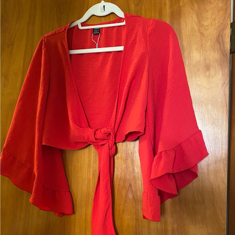 NWOT Red Tie-Front Kimono Sleeve Top